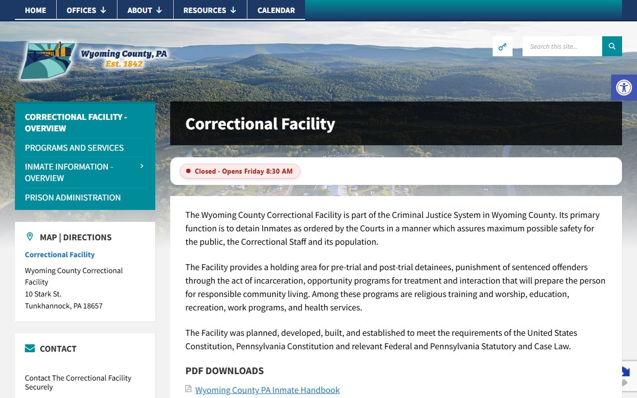 Wyoming County Correctional Facility official page for Sullivan County inmate custody search