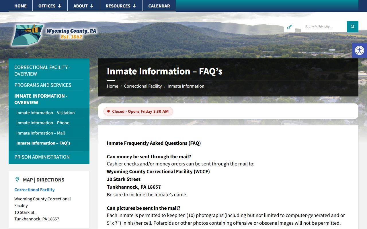 Wyoming County Correctional Facility inmate money and commissary FAQ for Sullivan County detainee families