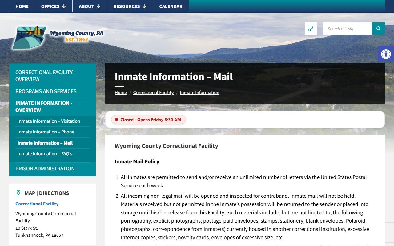 Wyoming County Correctional Facility mail rules for Sullivan County inmate correspondence