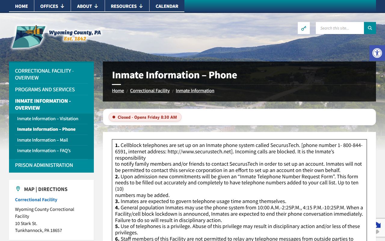 Wyoming County Correctional Facility inmate phone rules for Sullivan County custody contacts