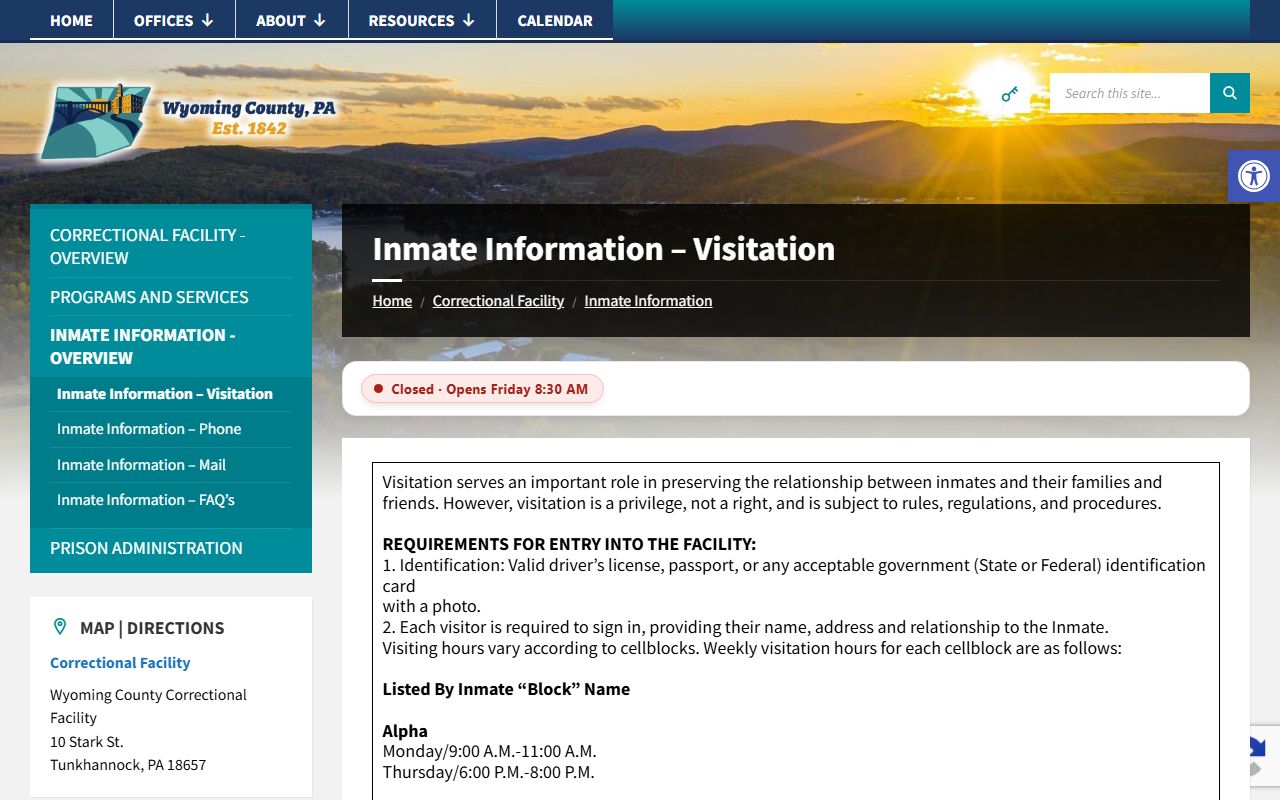 Wyoming County Correctional Facility visitation schedule for Sullivan County inmate visitors